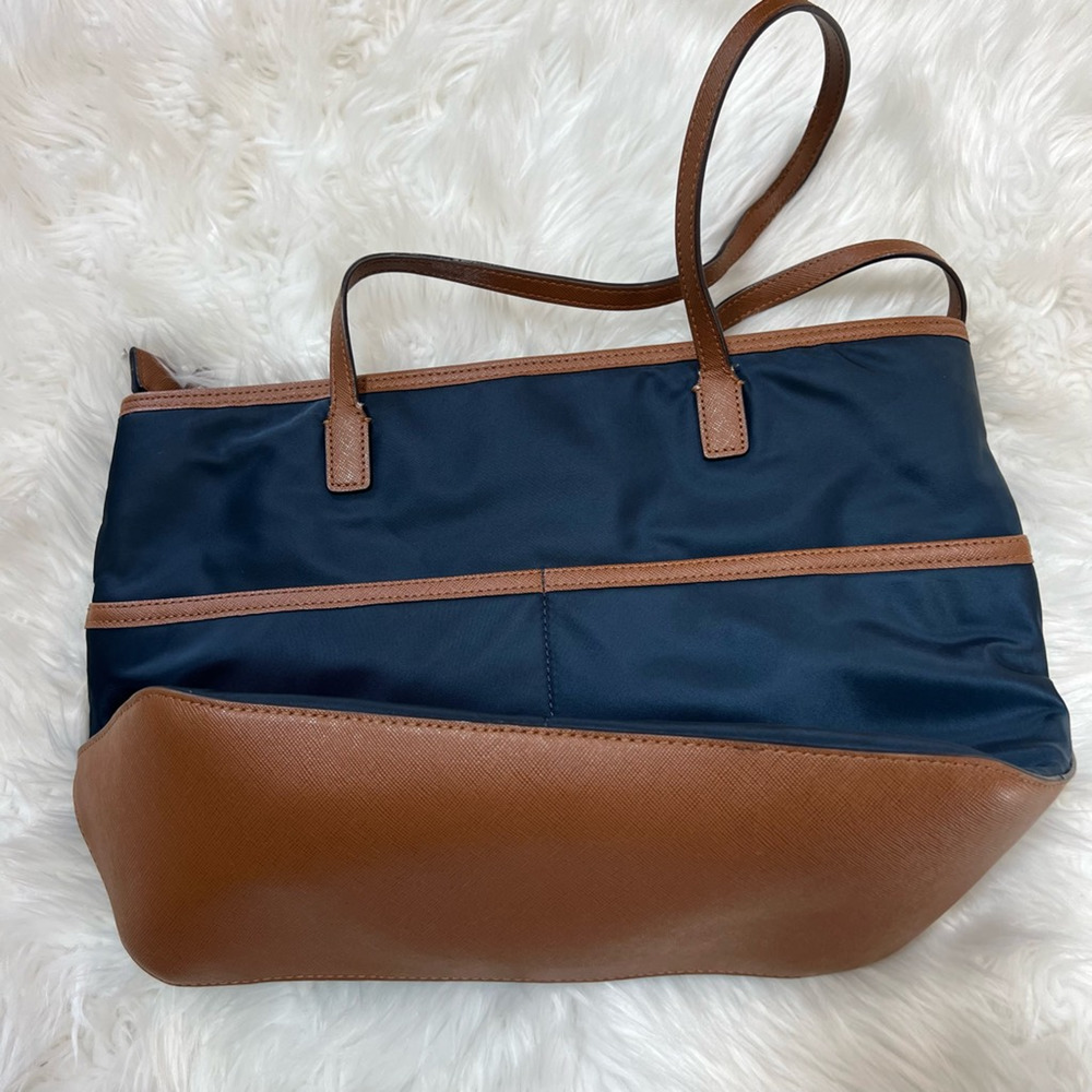Michael Kors Womens Kempton Tote Bag Navy Blue Outer Pocket Leather Trim M - Picture 2 of 8